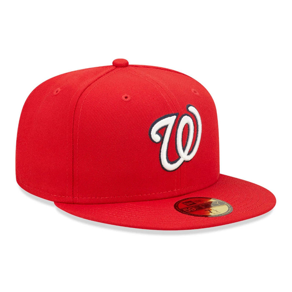 Washington Nationals Authentic On Field Red New Era 59FIFTY Cap, front view showing white and navy raised embroidered W logo on the front panel, red visor with gold 59FIFTY size sticker and matching top button.