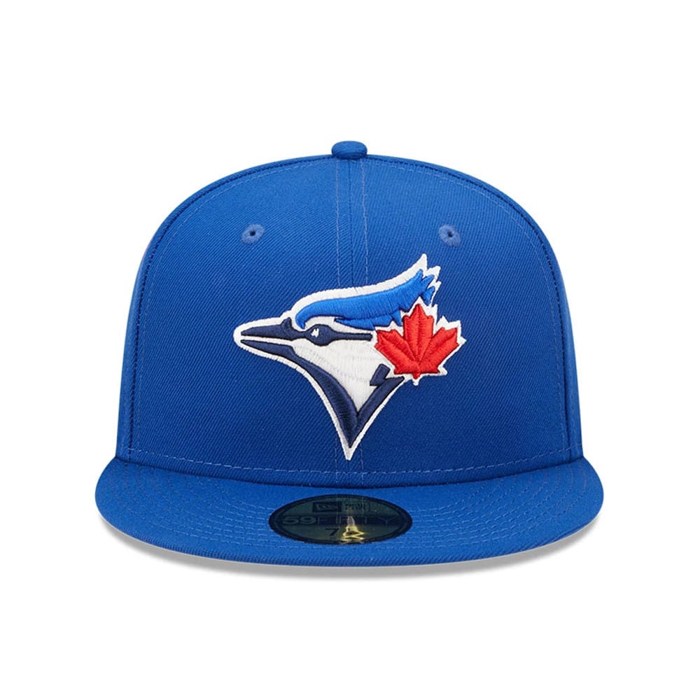Toronto Blue Jays MLB Blue New Era 59FIFTY Fitted Cap, front view showing the raised embroidered Blue Jays logo with a red maple leaf on the front panel, a matching blue visor, and a gold 59FIFTY size sticker.