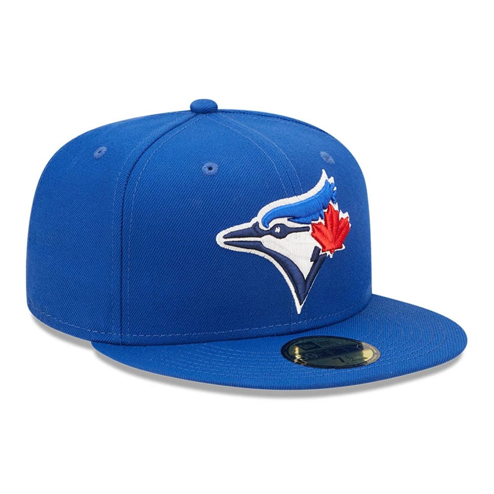 Toronto Blue Jays MLB Blue New Era 59FIFTY Fitted Cap, front view showing the embroidered Blue Jays logo with a red maple leaf on the front panel, blue flat visor with a gold 59FIFTY size sticker, and matching top button.