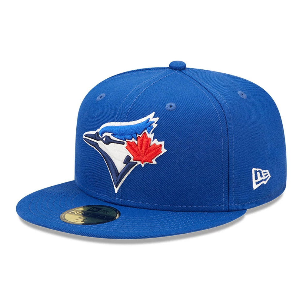 Toronto Blue Jays MLB Blue New Era 59FIFTY Fitted Cap, front view showing a raised embroidered white and blue Blue Jays logo with a red maple leaf on the front panel and a gold 59FIFTY size sticker on the blue visor.