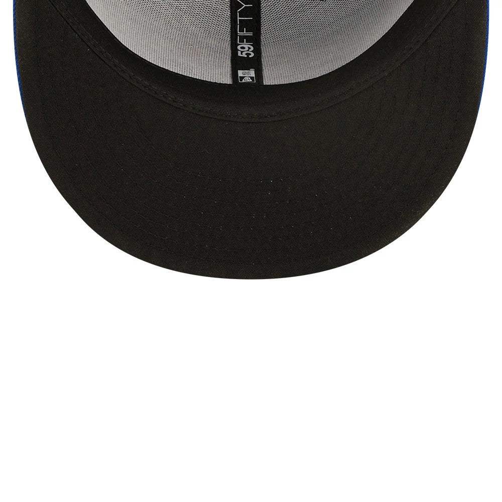 Toronto Blue Jays MLB Blue New Era 59FIFTY Fitted Cap, inside view showing the black undervisor, matching black interior taping with white 59FIFTY branding, and grey sweatband for added comfort.