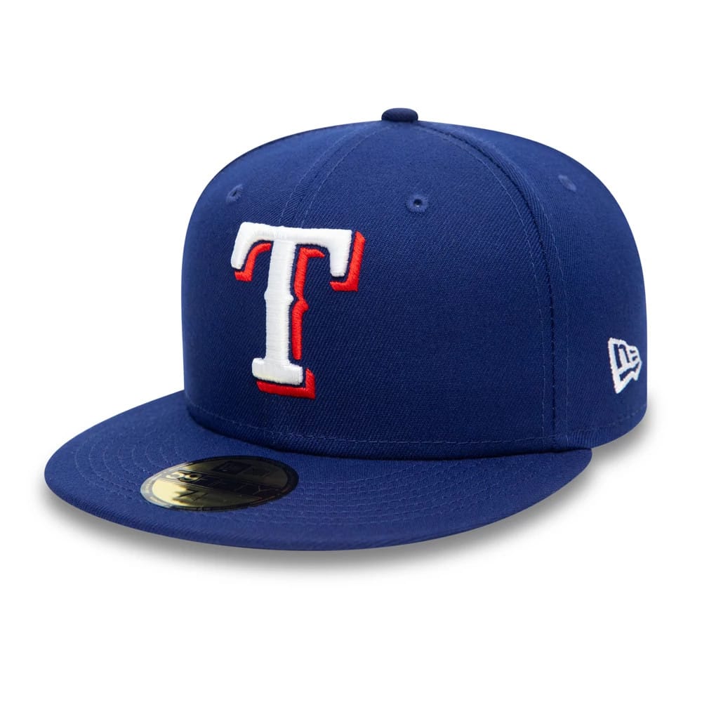 Texas Rangers MLB AC Perf Dark Blue New Era 59FIFTY Fitted Cap, three-quarter view with a raised white T logo outlined in red on the front panel, flat visor with gold 59FIFTY size sticker, and New Era flag logo on the left side.