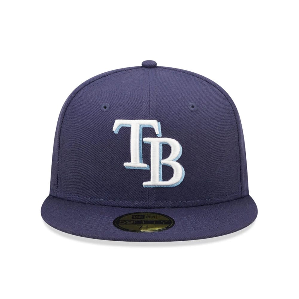 Tampa Bay Rays Authentic On Field Navy New Era 59FIFTY Cap, front view showing the raised embroidered white TB logo on the navy front panels, flat visor with gold 59FIFTY size sticker and top button.