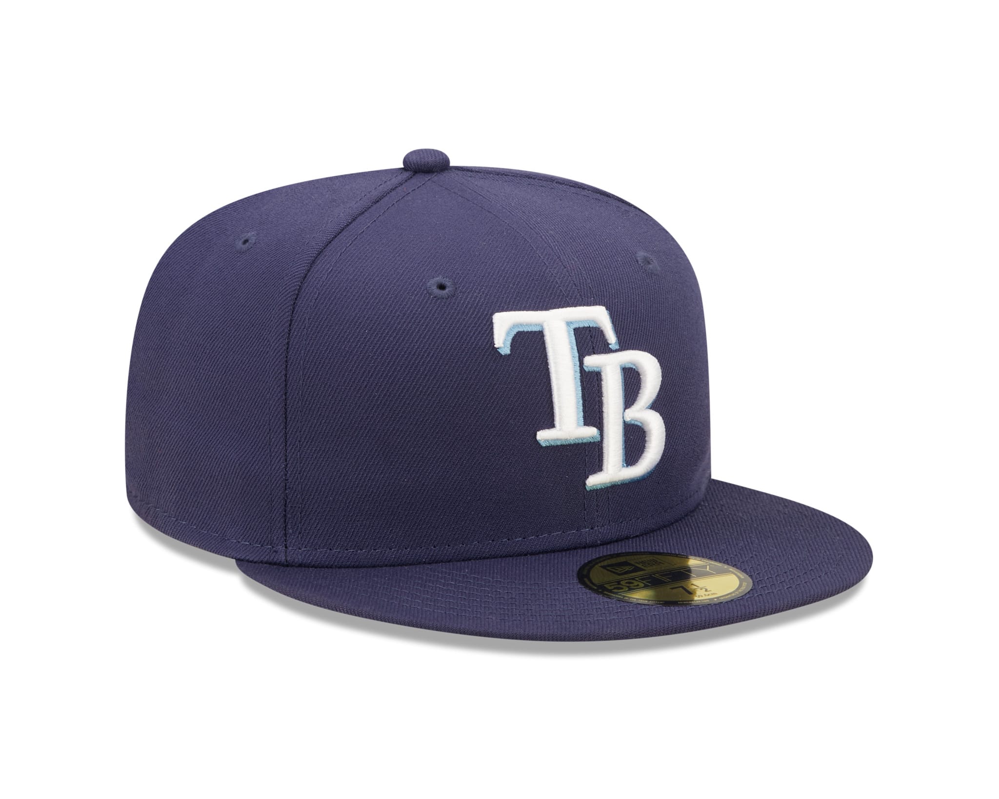 Tampa Bay Rays Authentic On Field Navy New Era 59FIFTY Cap, three-quarter view showing a raised white TB logo embroidered on the front panel, with a gold 59FIFTY size sticker on the flat navy visor.