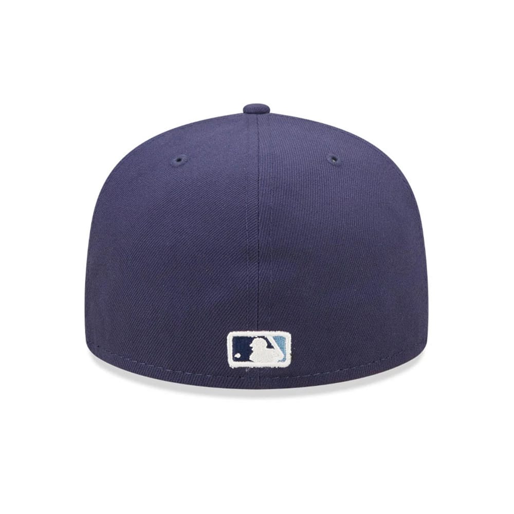 Tampa Bay Rays Authentic On Field Navy New Era 59FIFTY Cap, rear view showing the white and blue MLB Batterman logo centred at the bottom of the navy structured crown, beneath the top button.