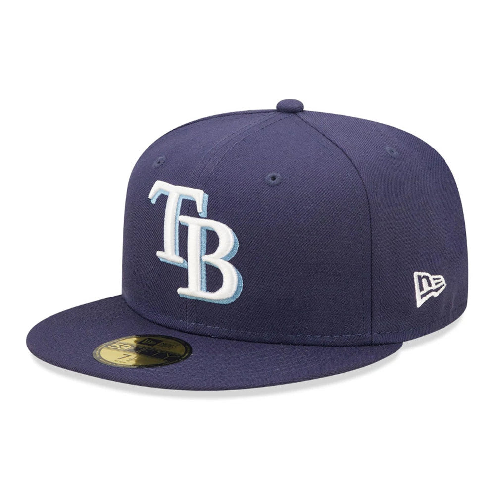 Tampa Bay Rays Authentic On Field Navy New Era 59FIFTY Cap, three-quarter view with raised white TB logo on the front panel, navy flat visor, and gold 59FIFTY size sticker, featuring the New Era flag logo on the left side.