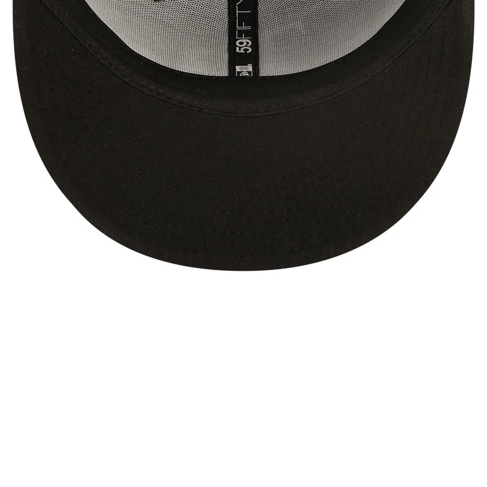 Tampa Bay Rays Authentic On Field Navy New Era 59FIFTY Cap, inside view showing black sweatband, white taping with 59FIFTY branding in grey, and the black undervisor beneath the flat navy visor.