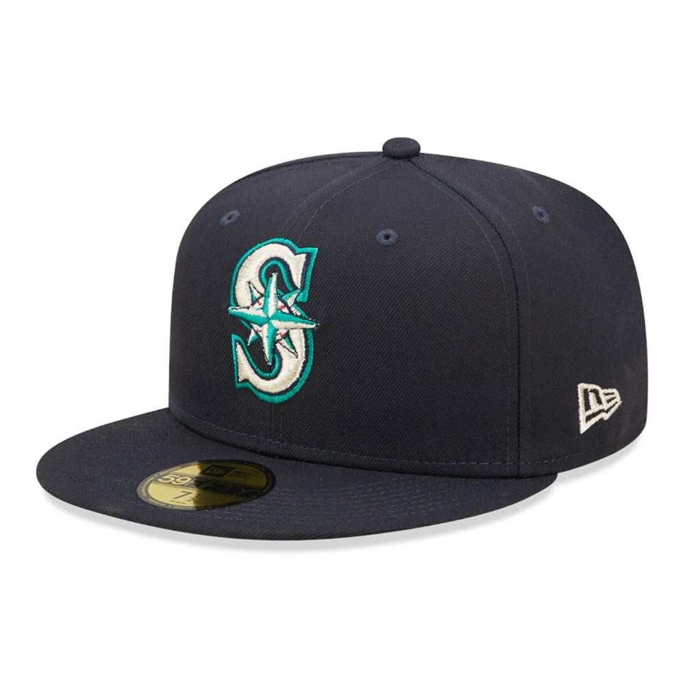 Seattle Mariners AC Perf Navy New Era 59FIFTY Cap, front view showing the raised teal and white embroidered logo on the navy front panel, with a gold 59FIFTY size sticker on the flat visor and the New Era flag logo on the left side.