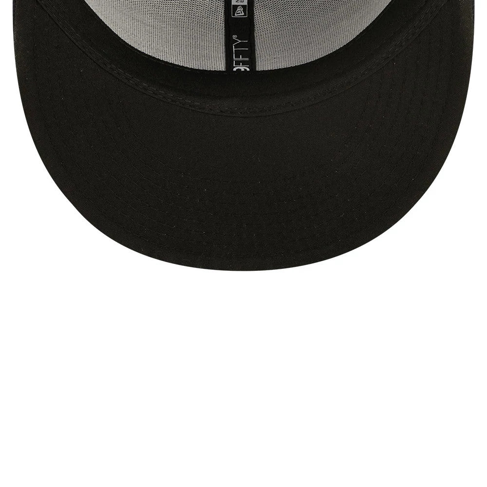 Seattle Mariners AC Perf Navy New Era 59FIFTY Cap, inside view showing the black sweatband, branded taping along the top of the grey underpanel, and stitching on the black undervisor.