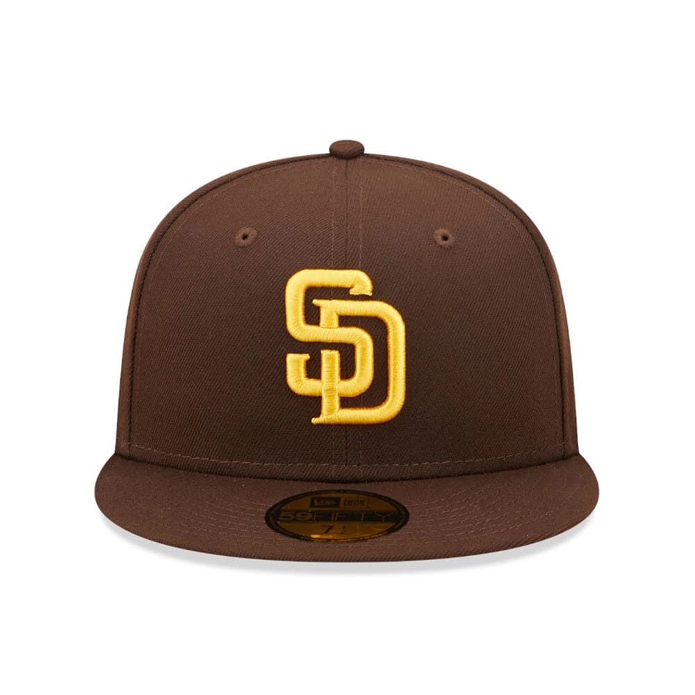 San Diego Padres Authentic On Field Brown New Era 59FIFTY Cap, front view showing raised yellow SD logo on brown front panels, brown flat visor with a gold 59FIFTY size sticker, and a brown top button.