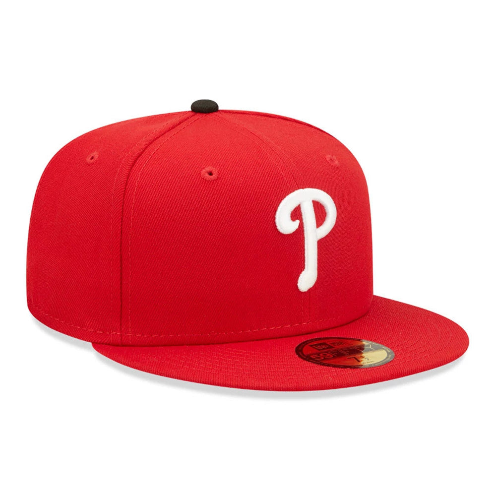 Philadelphia Phillies Authentic On Field Red New Era 59FIFTY Cap, three-quarter view showing a white embroidered P logo on the front panel, red structured crown with matching visor, and gold 59FIFTY size sticker on the visor.