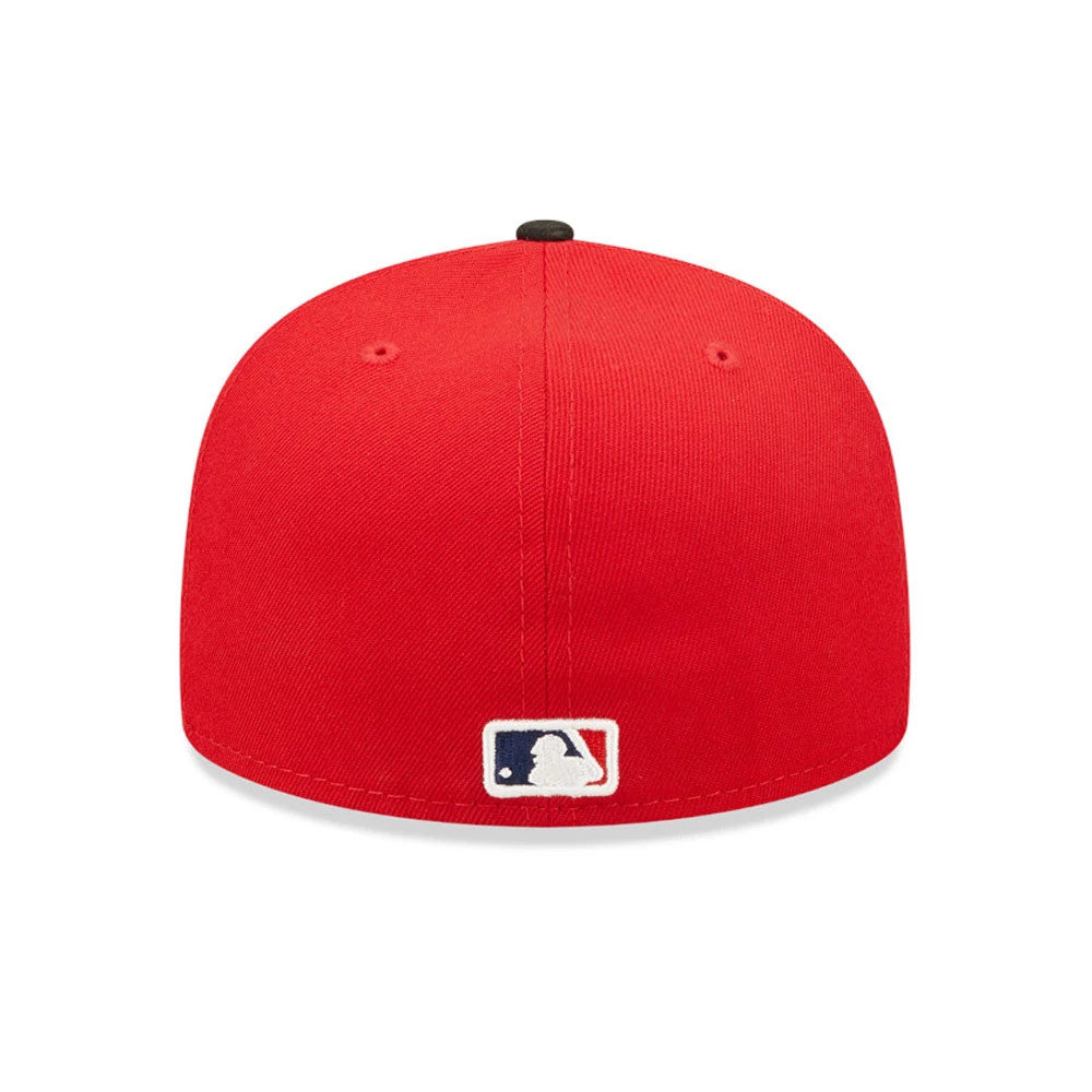 Philadelphia Phillies Authentic On Field Red New Era 59FIFTY Cap, rear view showing the embroidered white, blue, and red MLB Batterman logo centred on the back panels beneath a black top button and matching eyelets.