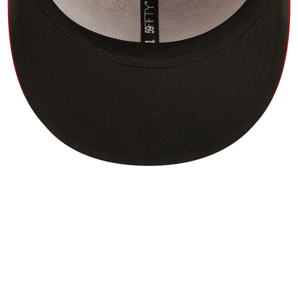 Philadelphia Phillies Authentic On Field Red New Era 59FIFTY Cap, inside view showing black undervisor and grey sweatband, with 59FIFTY taping running down the centre of the crown.