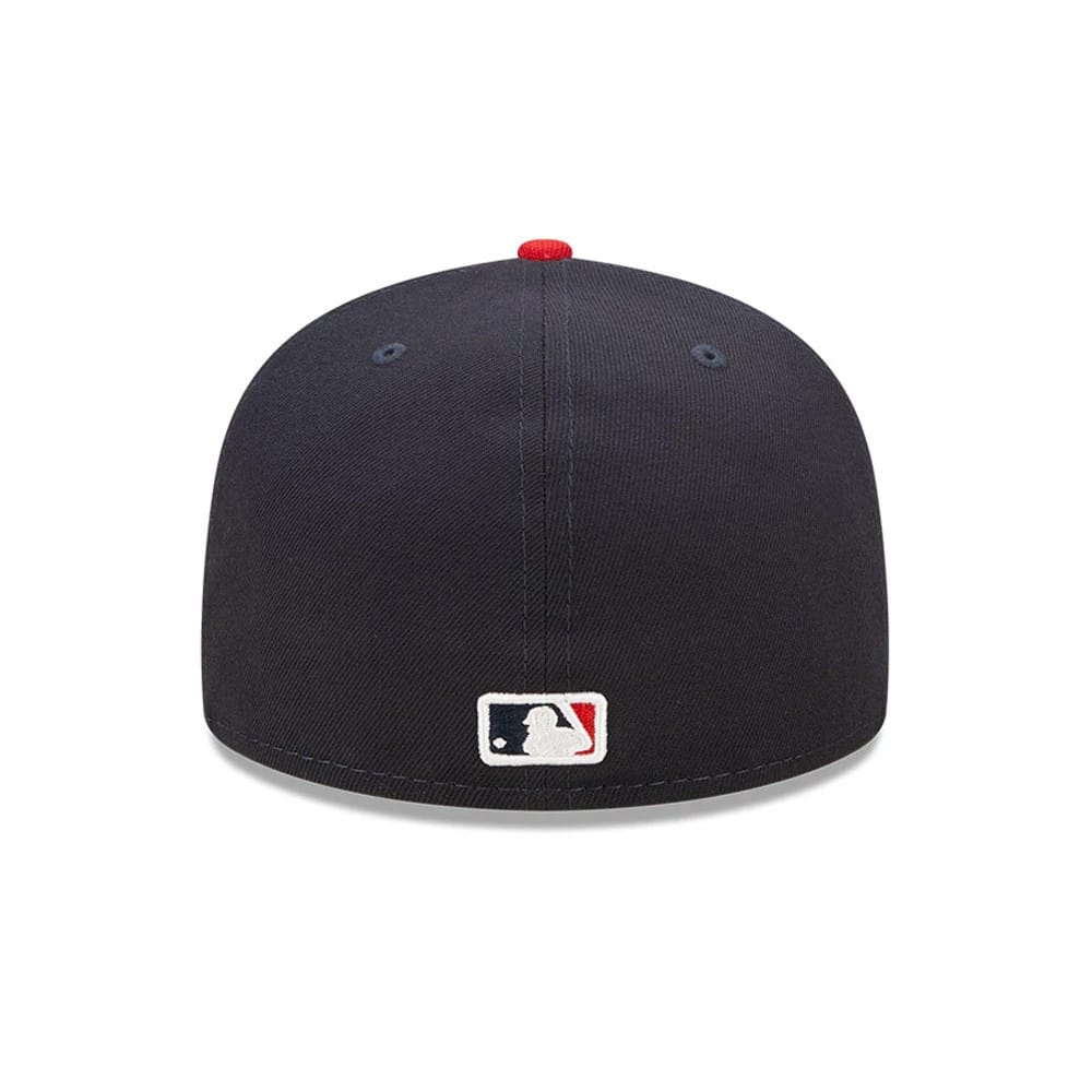 Minnesota Twins Authentic On Field Navy New Era 59FIFTY Cap, rear view showing the embroidered MLB Batterman logo at the centre back of the navy crown, with a contrasting red top button and navy eyelets.