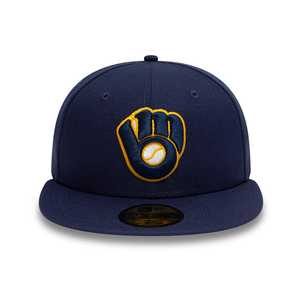 Milwaukee Brewers AC Perf Navy New Era 59FIFTY Cap, front view with raised yellow and navy embroidered glove logo on the front panel and a gold 59FIFTY size sticker on the navy visor.