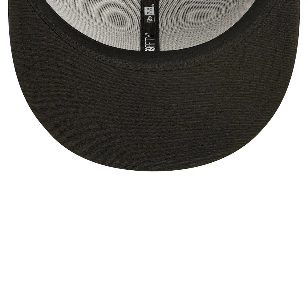 Miami Marlins Authentic On Field Game Black New Era 59FIFTY Fitted Cap, inside view showing black taping with white 59FIFTY branding and a black sweatband, beneath a dark undervisor.