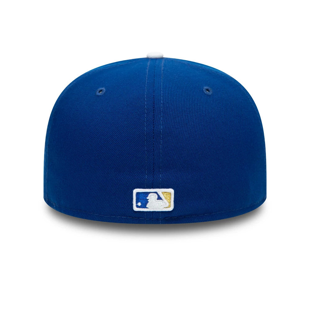Kansas City Royals AC Perf Blue New Era 59FIFTY Cap, rear view showing the embroidered MLB Batterman logo at the centre of the back panels, with white eyelets and a white top button on a structured blue crown.