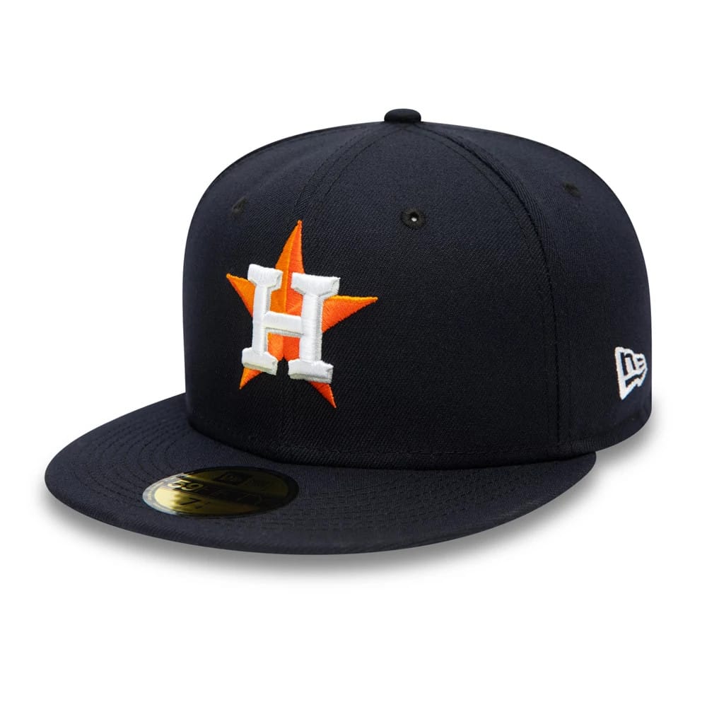 Houston Astros Authentic On Field Home Navy New Era 59FIFTY Cap, three-quarter view showing raised white H logo with orange star on the navy front panel, navy visor with gold 59FIFTY size sticker, and New Era flag logo on the left side.