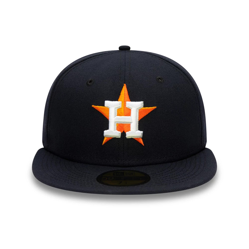 Houston Astros Authentic On Field Home Navy New Era 59FIFTY Cap, front view showing the white embroidered H logo on an orange star at the centre of the structured navy crown, with a gold 59FIFTY size sticker on the visor.