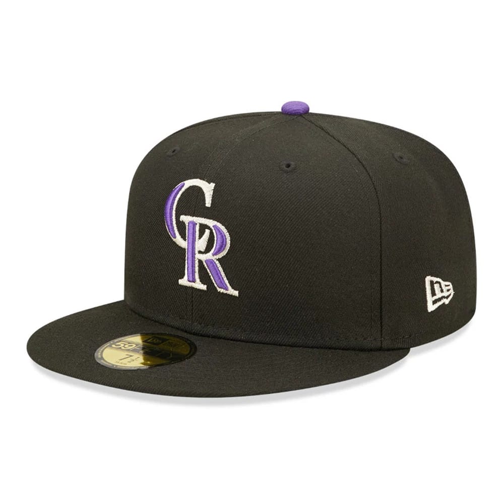 Colorado Rockies Authentic On Field Black New Era 59FIFTY Cap, three-quarter view showing the purple and white embroidered CR logo on the front panel, with a gold 59FIFTY size sticker on the flat visor and the New Era flag logo on the left side.