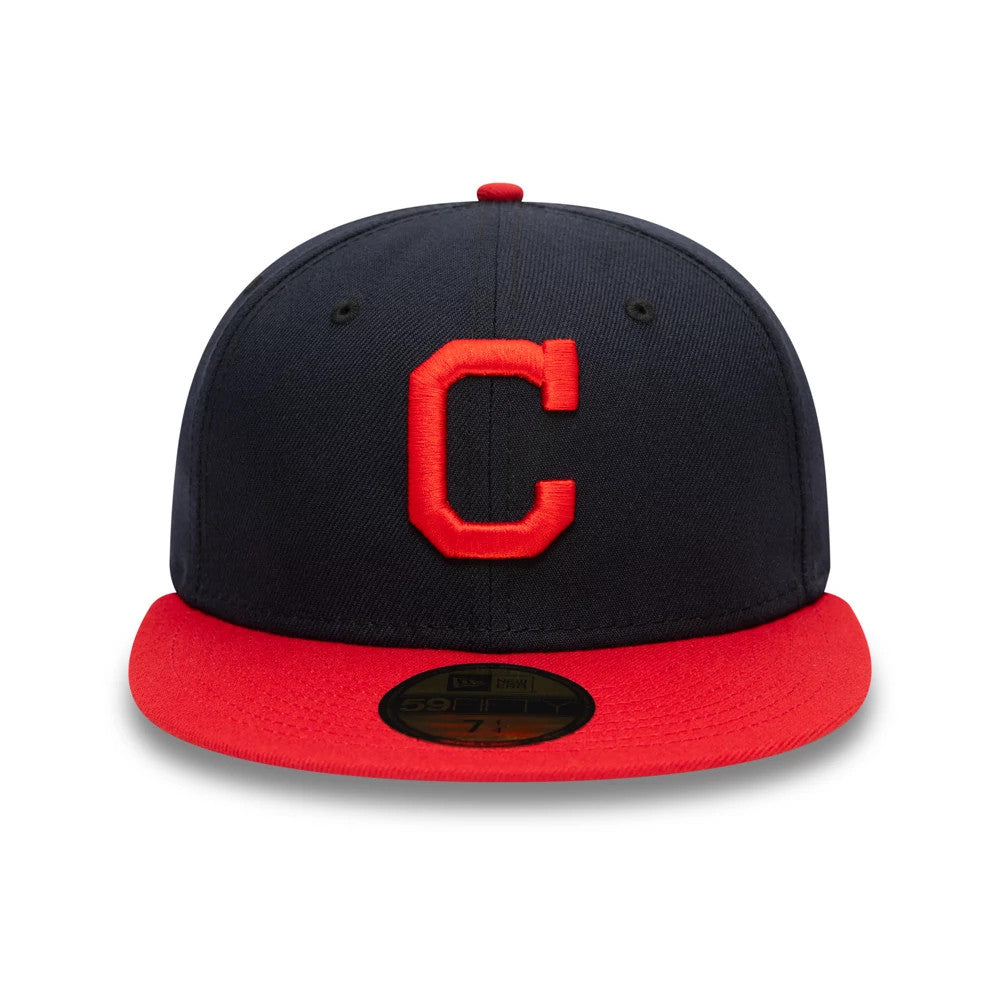 Cleveland Guardians MLB AC Perf Navy New Era 59FIFTY Fitted Cap, front view showing raised red embroidered C logo on the navy crown, contrasting red visor with gold 59FIFTY size sticker, and navy eyelets and top button.