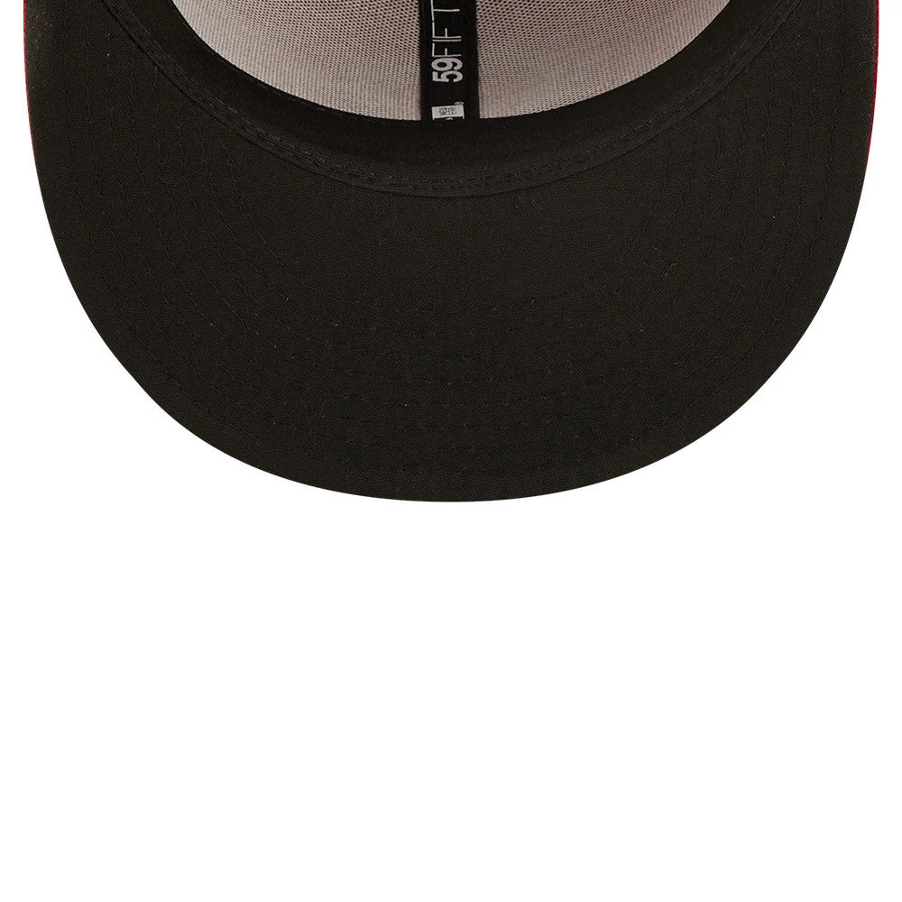 Cincinnati Reds AC Perf Red New Era 59FIFTY Cap, inside view showing the black undervisor, white sweatband, and black taping with 59FIFTY branding running down the centre beneath the structured panels.