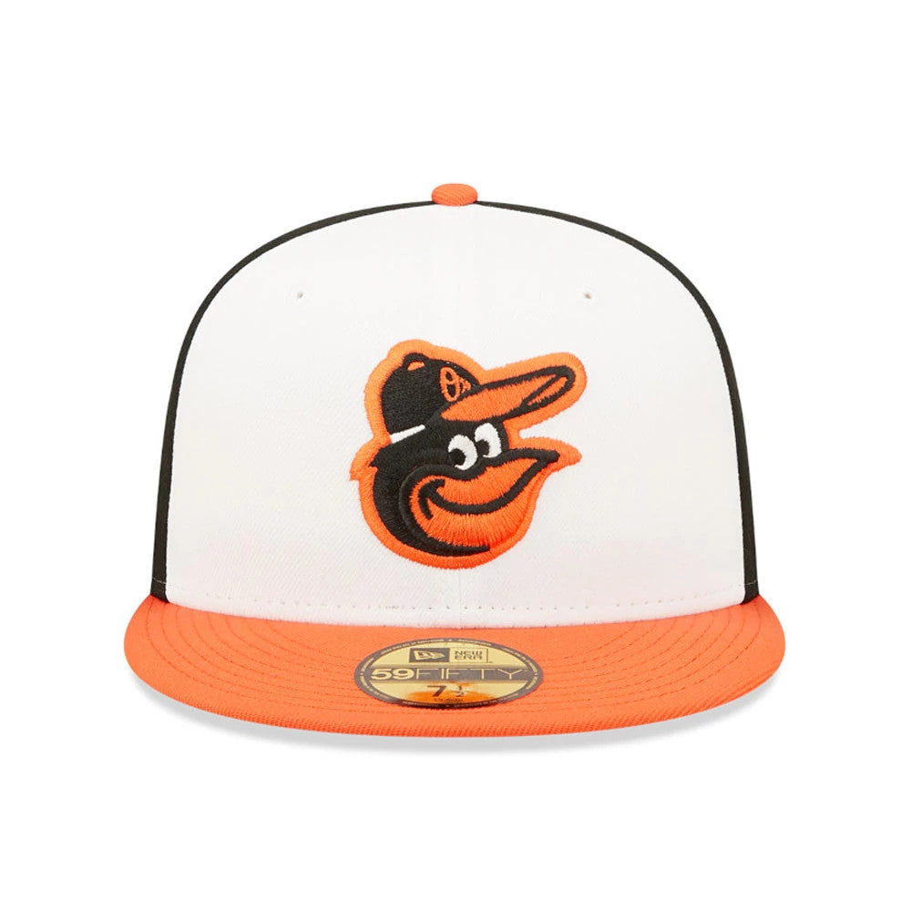 Baltimore Orioles AC Perf Black New Era 59FIFTY Cap, front view with the orange and black embroidered Orioles logo on the white front panel, an orange visor, and a gold 59FIFTY size sticker on top of the visor.
