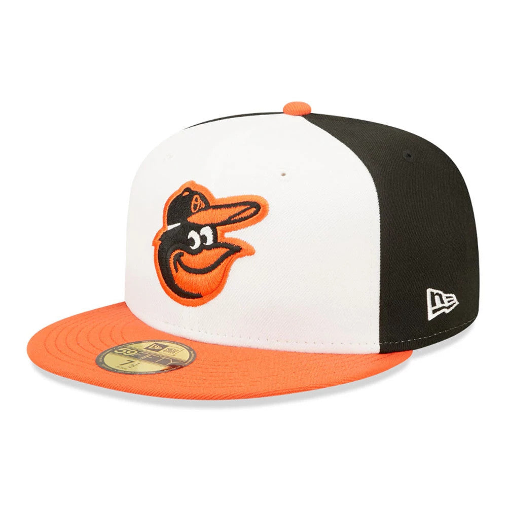 Baltimore Orioles AC Perf Black New Era 59FIFTY Cap, front view showing the raised orange and black Orioles logo on the white front panel, black side panels, orange visor and gold 59FIFTY size sticker, with New Era flag logo on the left side.
