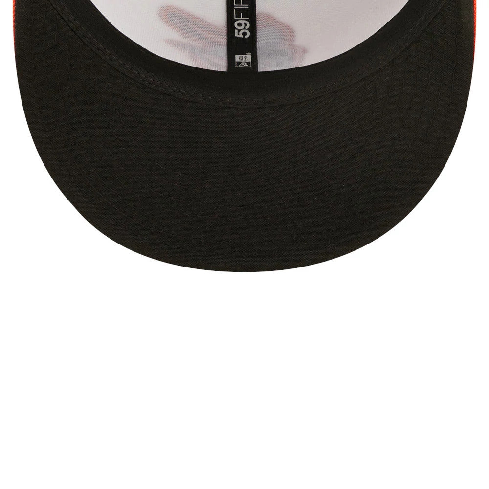 Baltimore Orioles AC Perf Black New Era 59FIFTY Cap, inside view showing black undervisor, white sweatband with black 59FIFTY taping, and MLB Batterman logo tag centred at the back.
