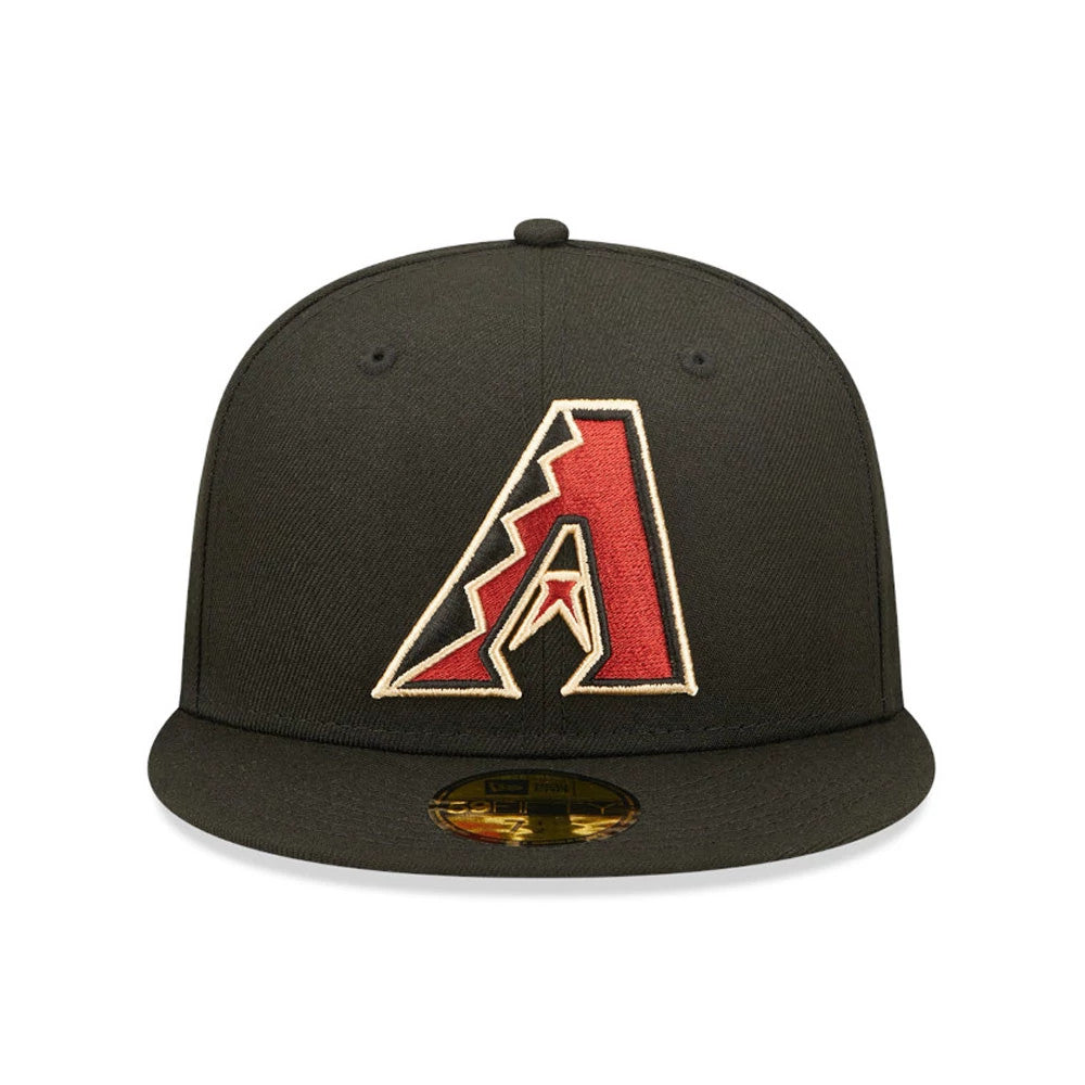 Arizona Diamondbacks Authentic On Field Game Black New Era 59FIFTY Fitted Cap, front view showing the raised embroidered A logo in red and black with a gold outline on the front panel and the gold 59FIFTY size sticker on the flat black visor.