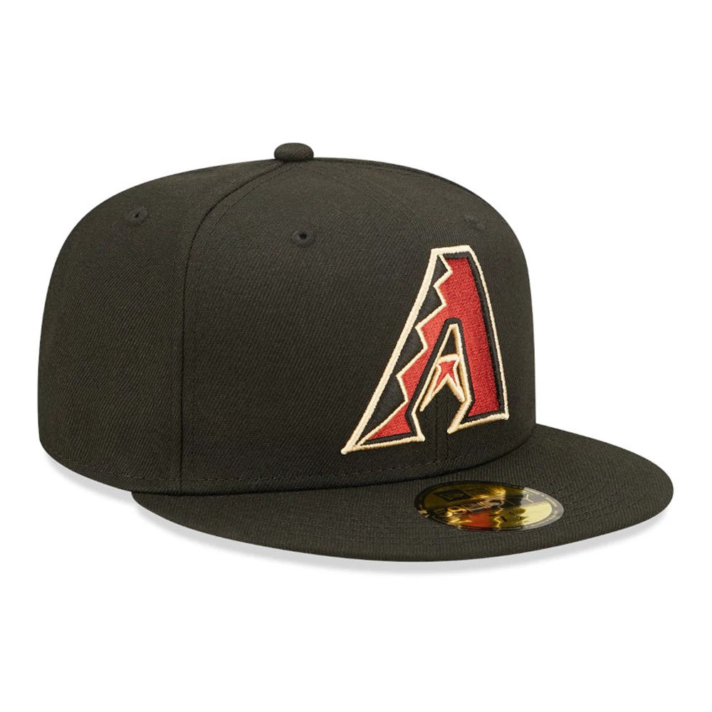 Arizona Diamondbacks Authentic On Field Game Black New Era 59FIFTY Fitted Cap, front view with a raised embroidered red A logo on the black front panel and a gold 59FIFTY size sticker on the flat visor.