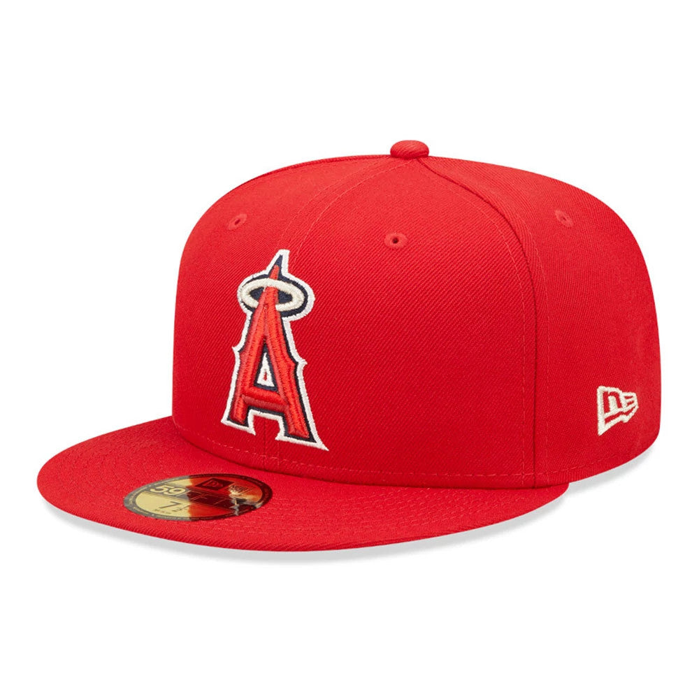 LA Angels Authentic On Field Red New Era 59FIFTY Cap, three-quarter view showing raised red A logo with white embroidery on the front panel, a gold 59FIFTY size sticker on the flat visor and white New Era flag logo on the left side.