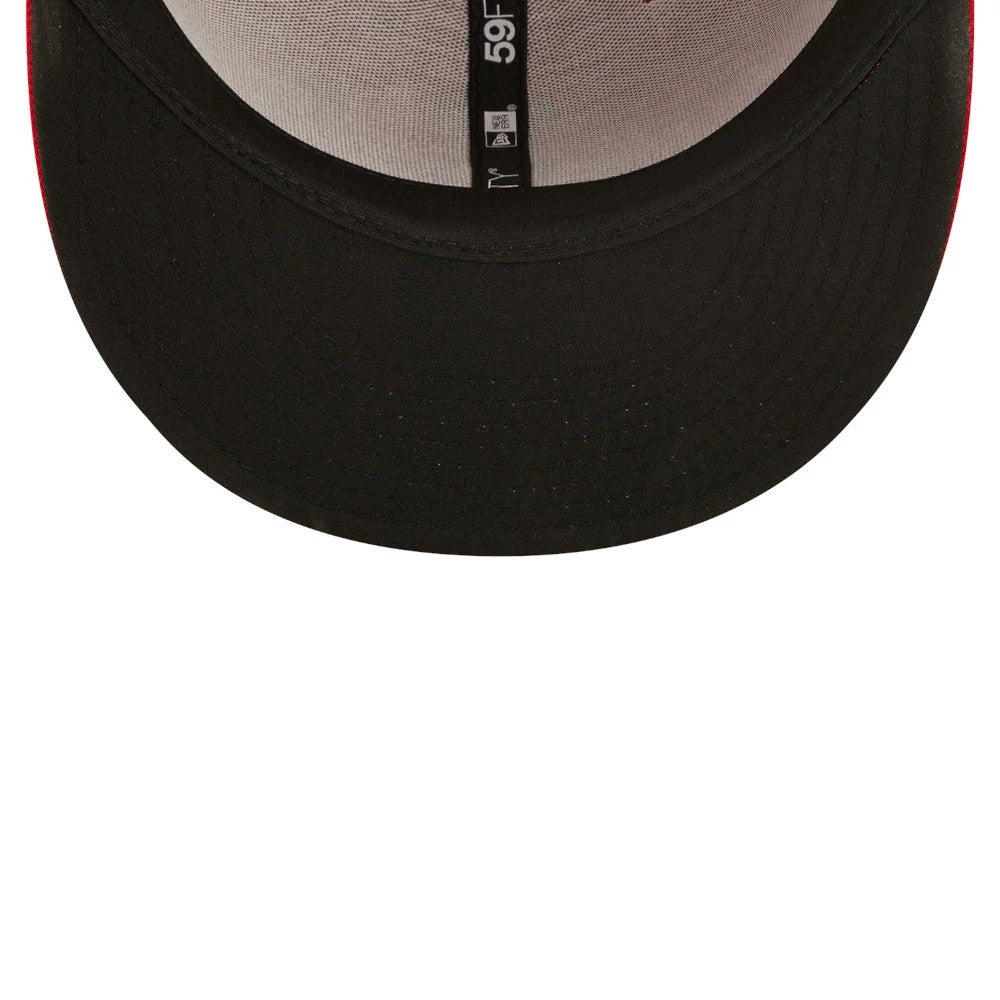 LA Angels Authentic On Field Red New Era 59FIFTY Cap, inside view showing black taping with 59FIFTY branding, a black undervisor, grey sweatband, and black size sticker on the underside of the visor.