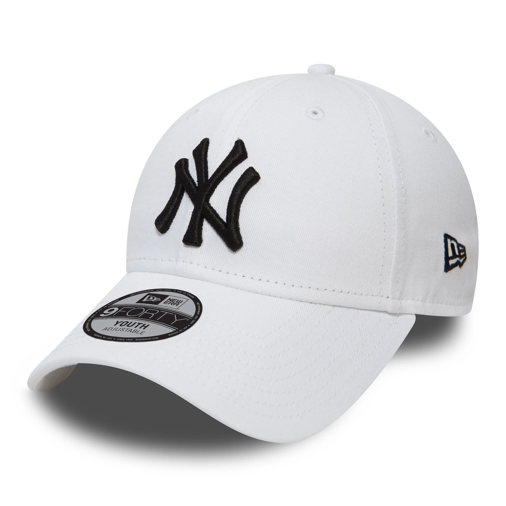 New York Yankees White Kids New Era 9FORTY Cap, three-quarter view showing the large black NY logo in raised embroidery on the front panel, a matching white visor with the 9FORTY size sticker, and the New Era flag logo on the left side.