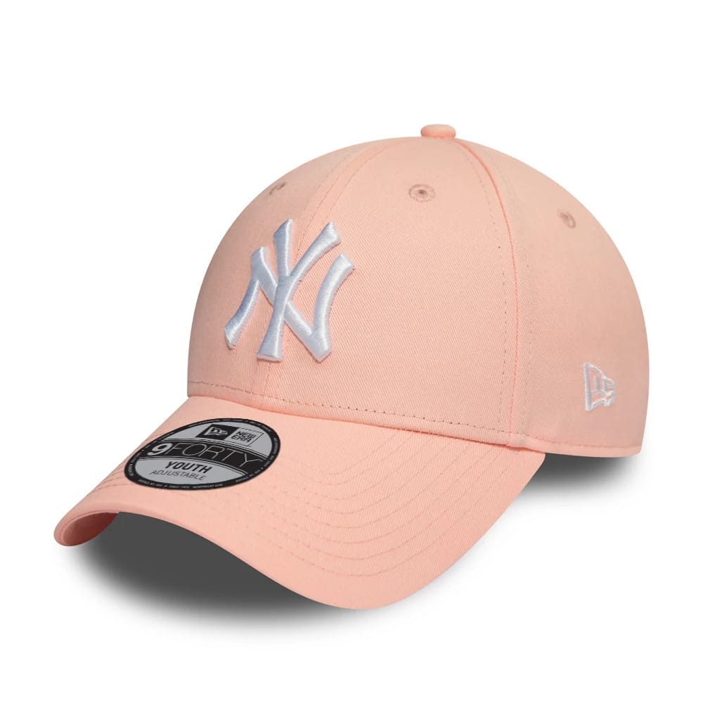 New York Yankees Kids Pink New Era 9FORTY Cap, three-quarter view showing raised white embroidered NY logo on the front panel, pink curved visor with 9FORTY size sticker, and New Era flag logo on the left side.