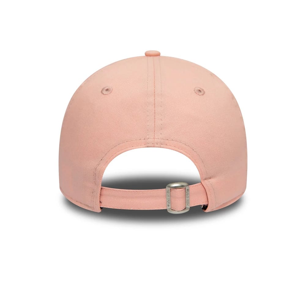 New York Yankees Kids Pink New Era 9FORTY Cap, rear view showing the adjustable metal clasp strap and the absence of any back logo on the smooth pink panels, with a centred top button.