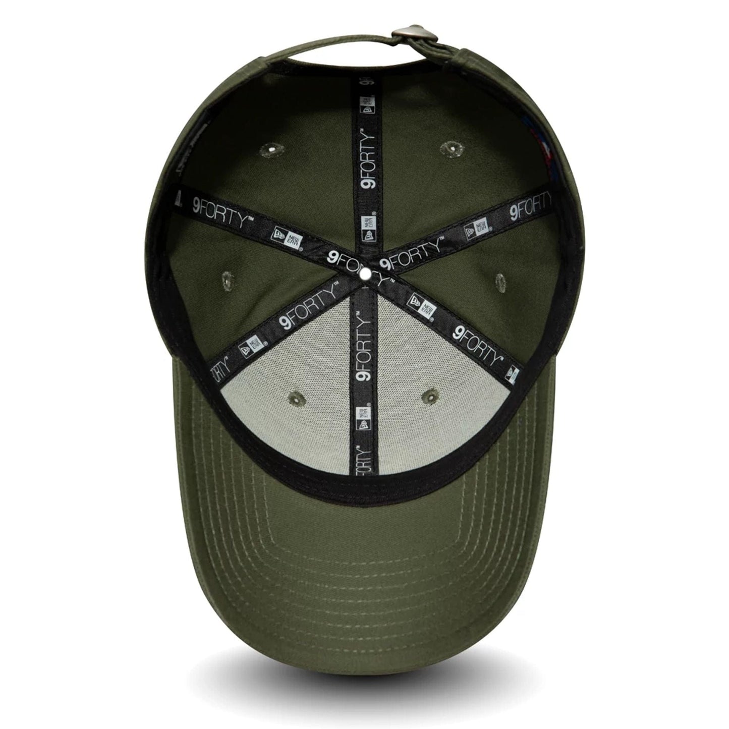 New York Yankees Kids Khaki New Era 9FORTY Cap, inside view showing black taping with repeated 9FORTY and logo text, a grey undervisor, and a black sweatband around the khaki interior of the crown.