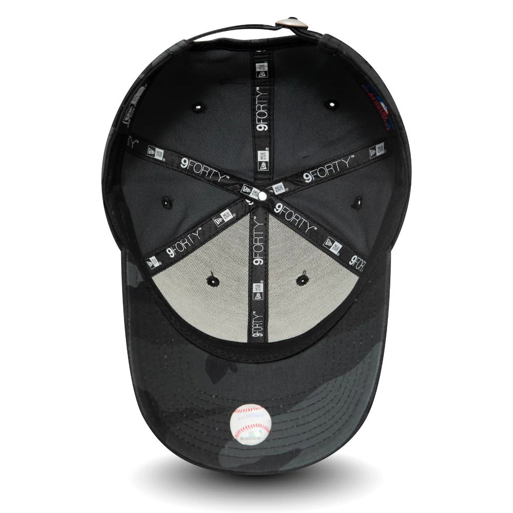 New York Yankees Kids Grey Camo New Era 9FORTY Cap, inside view with black and white 9FORTY taping, grey sweatband, and cap's structured panels featuring a grey camo pattern across the exterior.