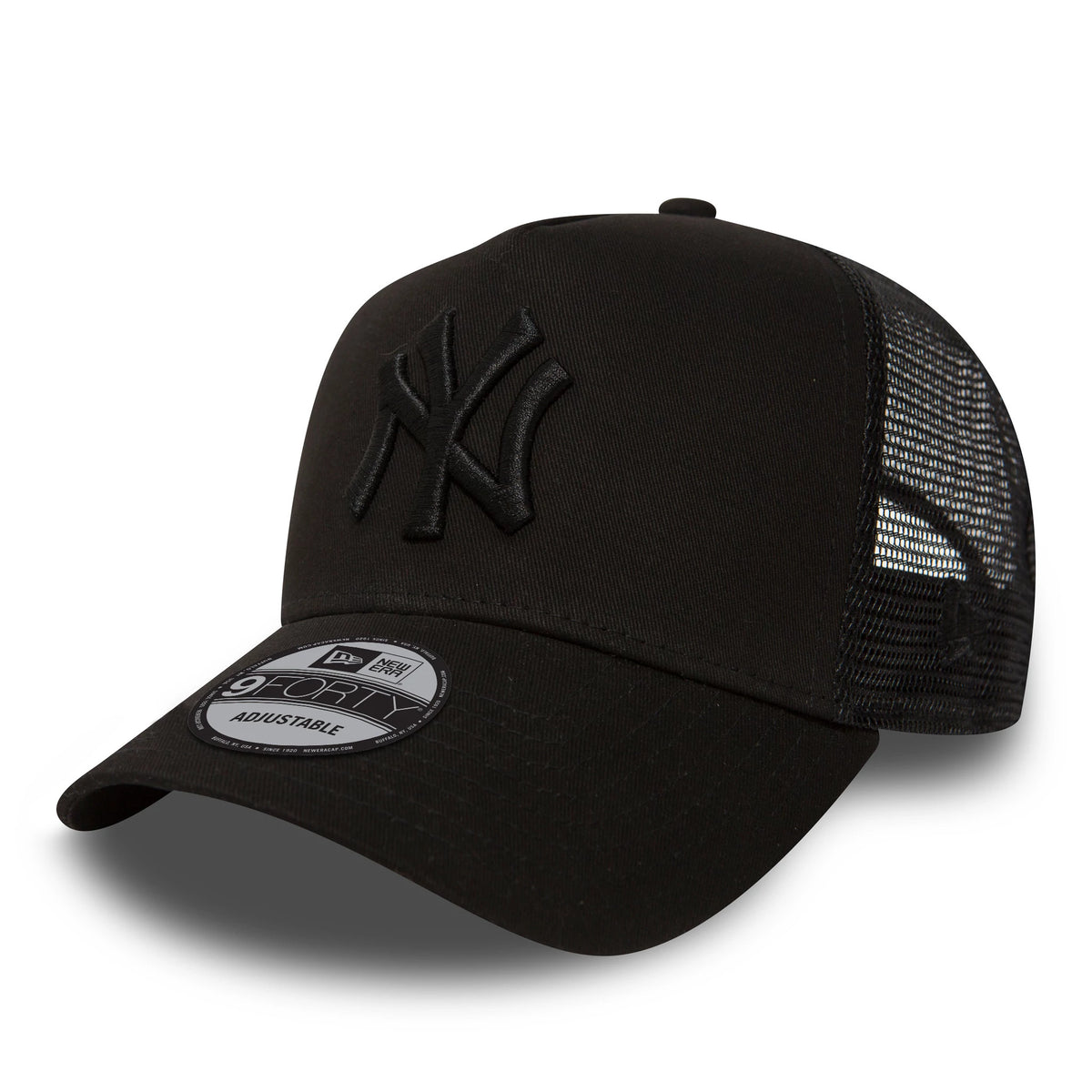 New York Yankees Kids All Black A-Frame Trucker Cap, three-quarter view showing the raised black embroidered NY logo on the front panel, curved black visor with 9FORTY size sticker, and mesh back panels.