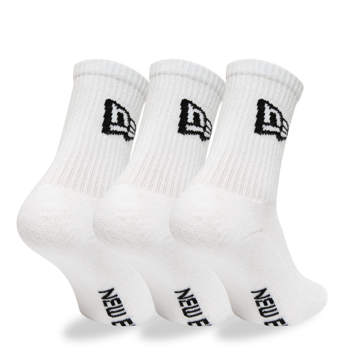 New Era Flag 3 Pack Crew White Sock, side view showing three white ribbed socks with an embroidered black New Era logo on the sides and "New Era" text across the toes, creating a clean and classic look.