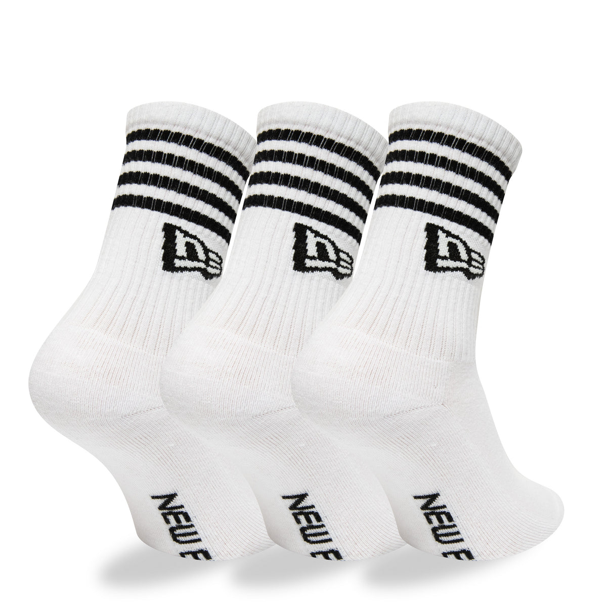 New Era Stripe 3 Pack Crew White Socks, side view showing three pairs of white socks with three black stripes at the top, an embroidered New Era logo below the stripes, and New Era branding on the soles.