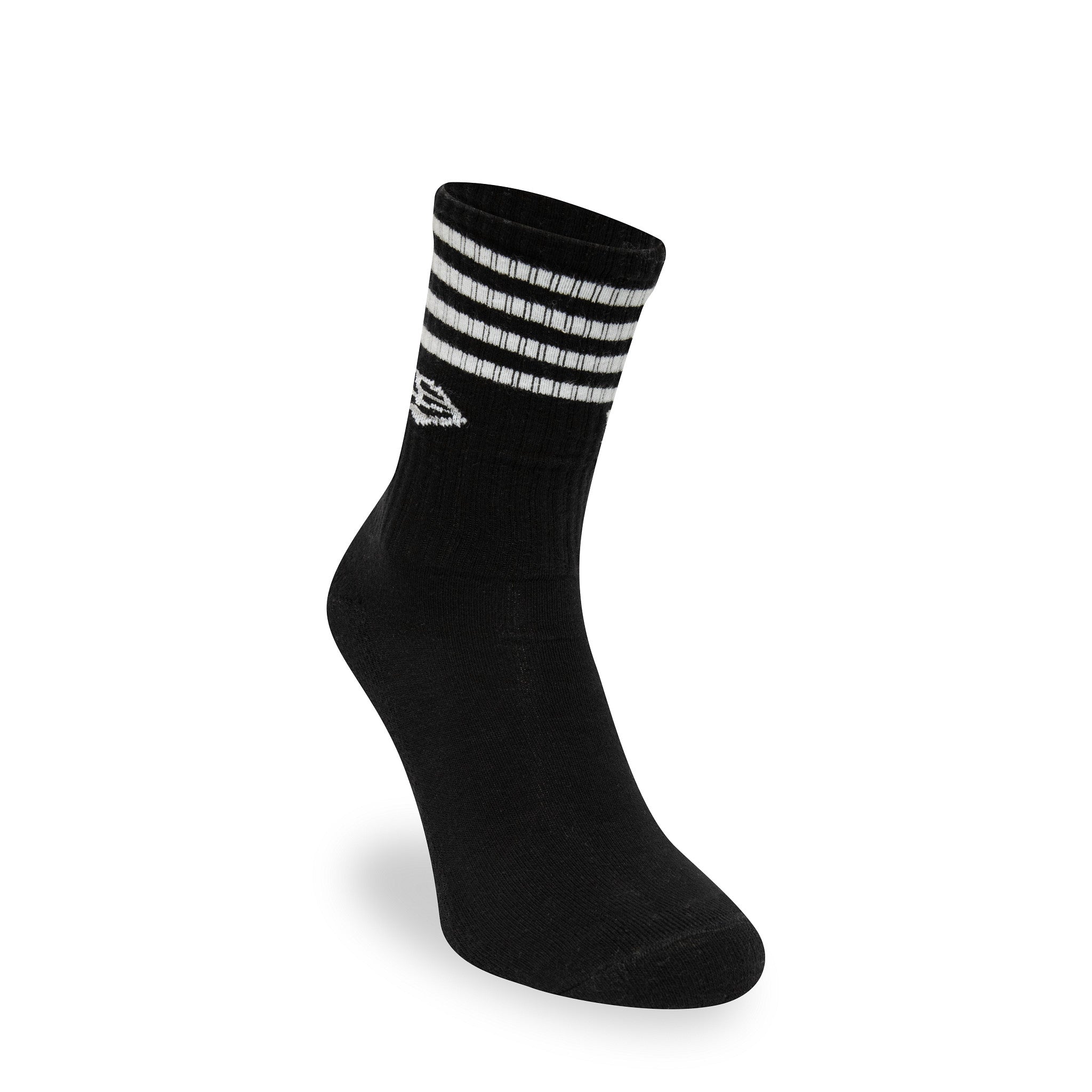 New Era Stripe 3 Pack Crew Black Socks, side view showing a single black sock with three white horizontal stripes near the top, a raised New Era logo below the stripes, and a clean black footbed.