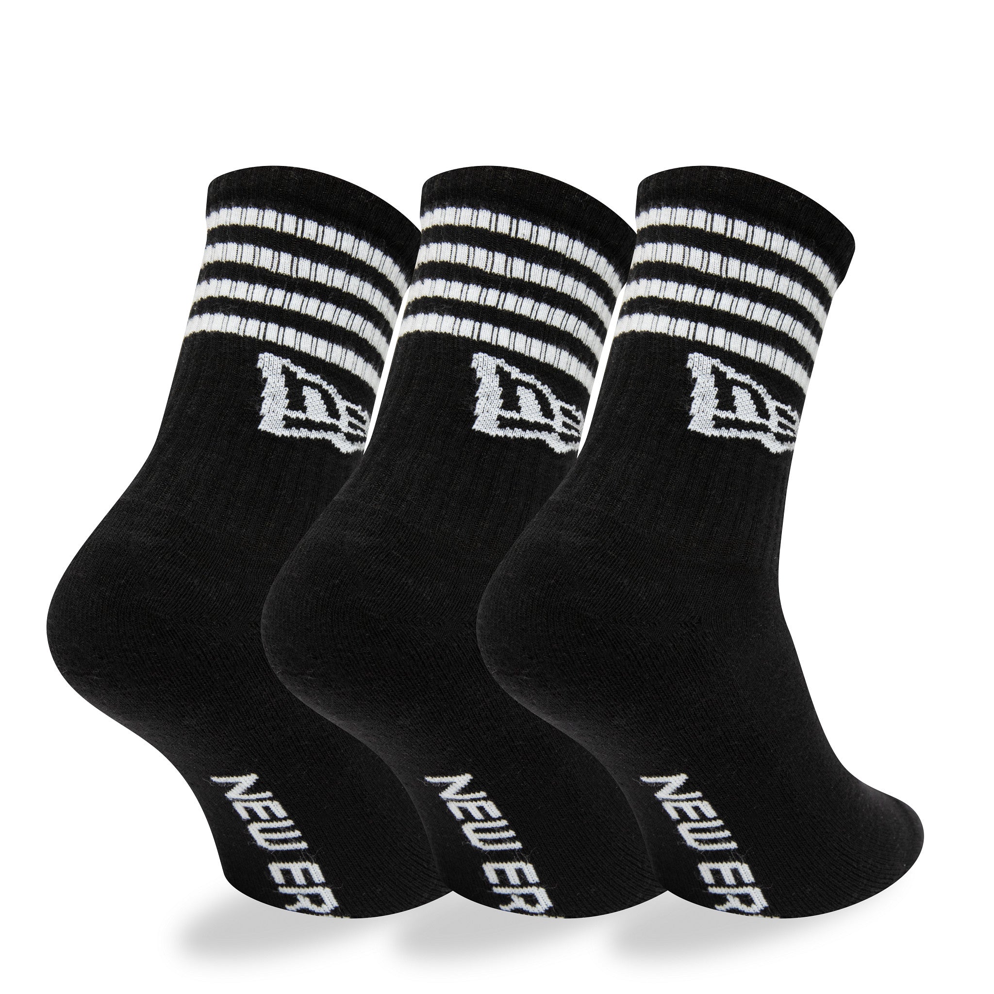 New Era Stripe 3 Pack Crew Black Socks, side view showing three pairs of black socks with white stripes at the top, each featuring a raised New Era logo on the side and the words "NEW ERA" along the foot.