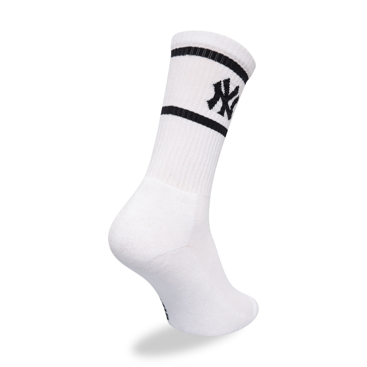 New York Yankees MLB Premium White Socks, side view showing the white sock with a black stripe around the mid-calf and the New York Yankees logo in black, positioned prominently between the stripes.