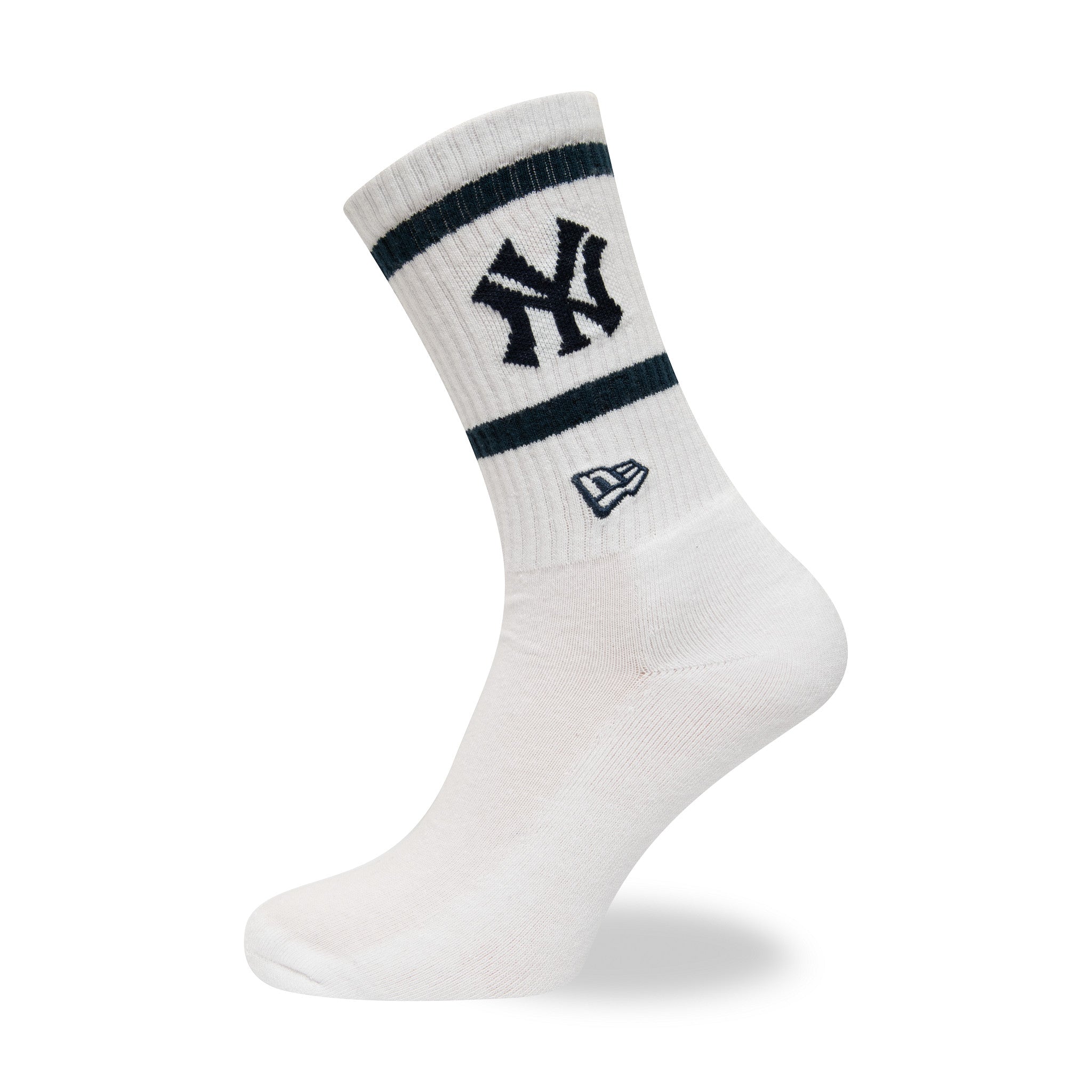 New York Yankees MLB Premium White Socks, side view showing the white sock with a black New York Yankees logo centred between two black stripes on the upper part and an embroidered New Era logo near the ankle.