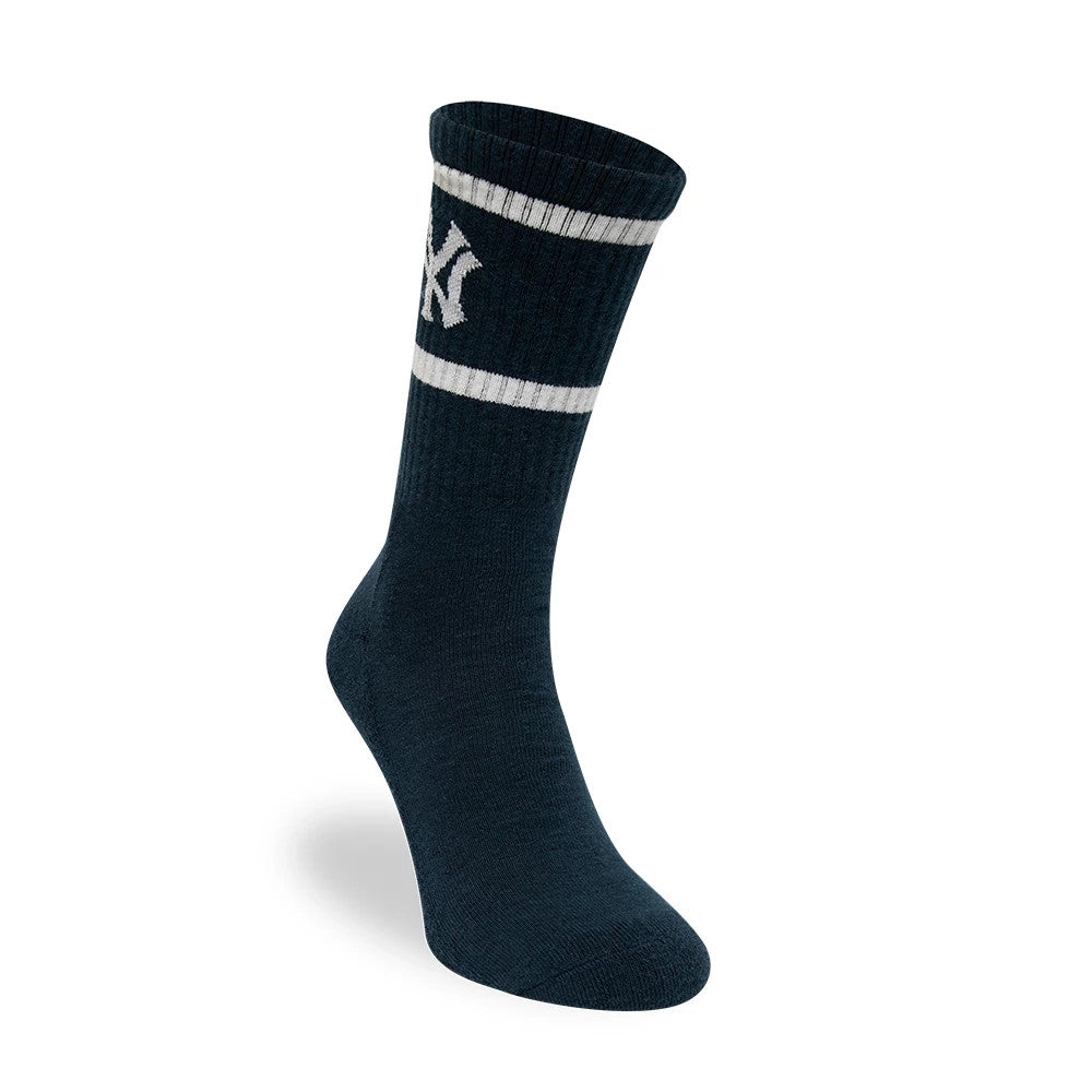 New York Yankees MLB Premium Navy Socks, side view showing the navy sock with a white debossed "NY" logo near the top, two white stripes encircling the calf area, and a ribbed texture extending from the ankle to the cuff.