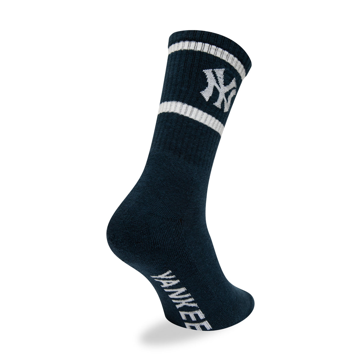 New York Yankees MLB Premium Navy Socks, side view showing the ribbed navy sock with a white embroidered Yankees logo on the upper section, white stripes above and below, and "YANKEES" text along the foot.