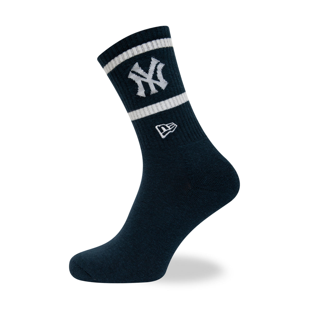 New York Yankees MLB Premium Navy Socks, side view showing the navy colour with white stripes near the top, an embroidered Yankees logo above, and a smaller embroidered New Era logo below.