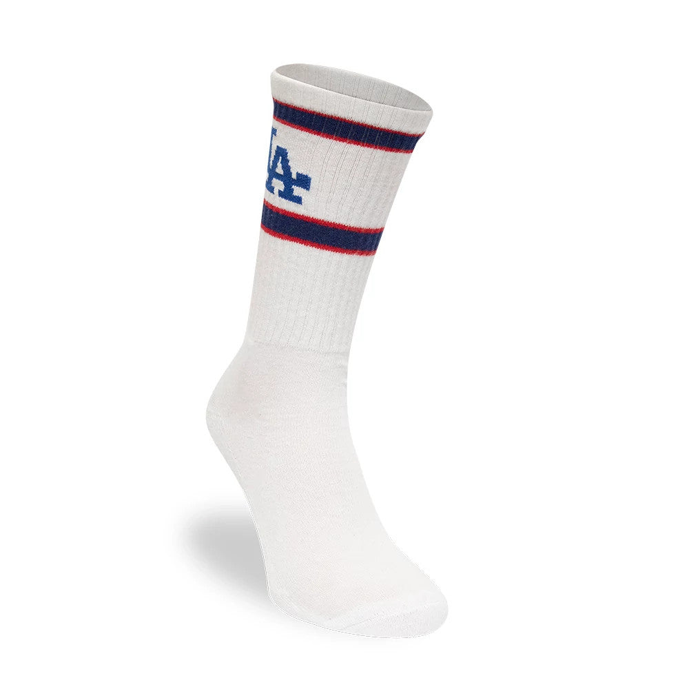 New Era LA Dodgers MLB Premium White Socks, side view showing a single white sock with blue LA lettering below the cuff, flanked by red and blue horizontal stripes.