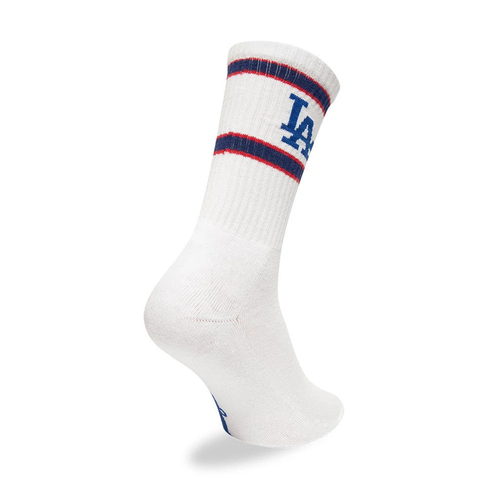 LA Dodgers MLB Premium White Socks, side view showing the white sock with red and blue stripes near the top, an embroidered blue LA logo on the outer side of the leg, and a cushioned footbed.